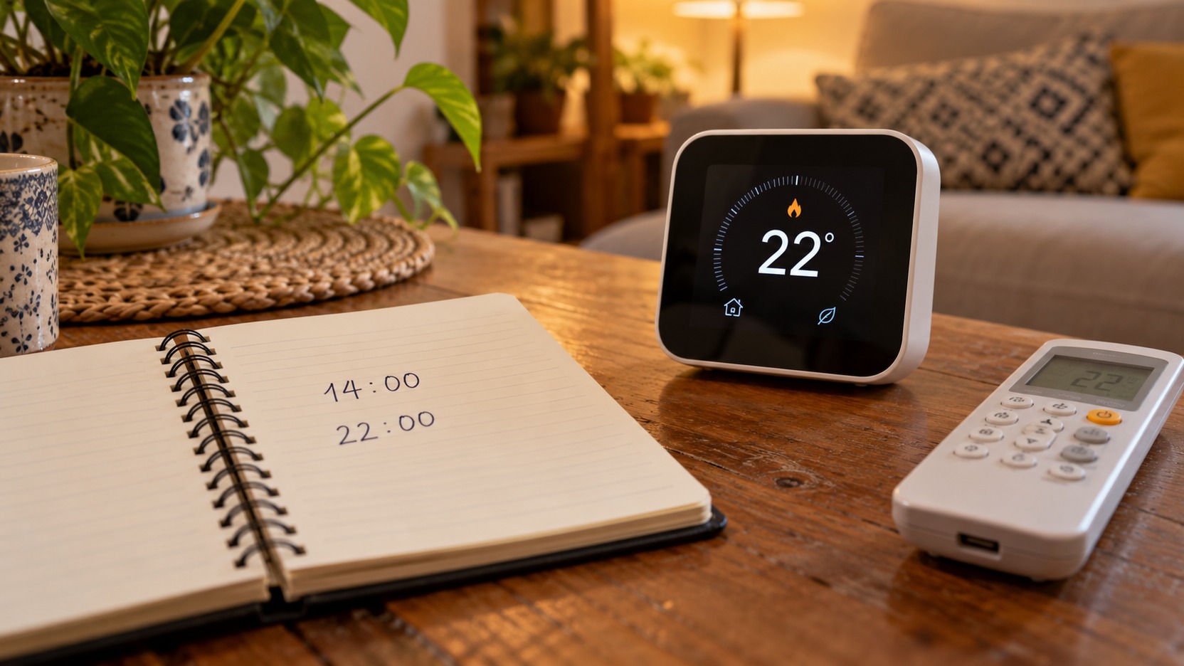 Termostato y mando de aire acondicionado junto a una libreta donde se anotan la hora programada y la hora real de arranque