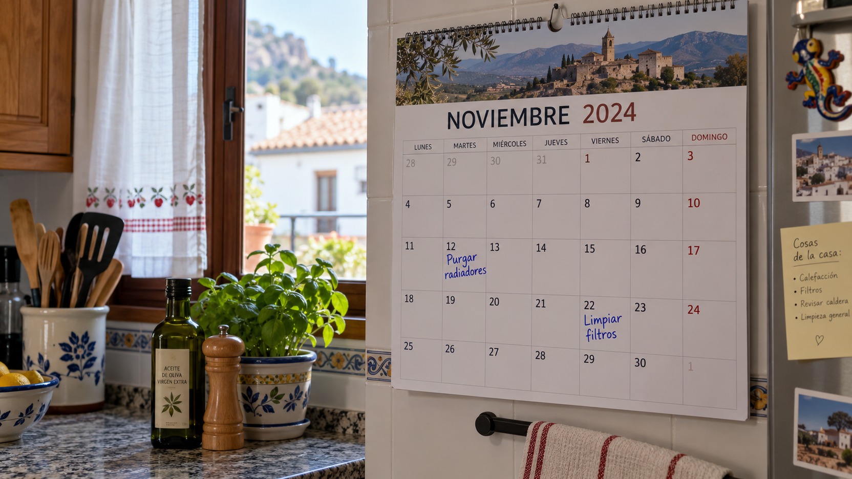 Calendario doméstico con fechas de lluvia, cambios de temperatura y puesta en marcha de calefacción junto a notas de incidencias