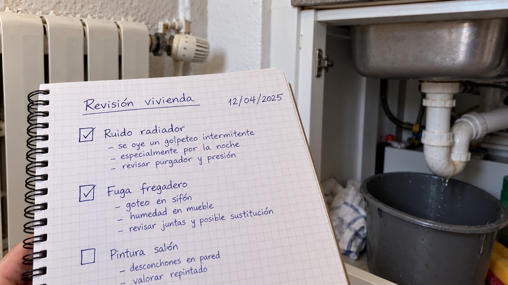 Cuaderno de mantenimiento con notas de síntomas, condiciones ambientales y reparaciones anteriores para identificar patrones