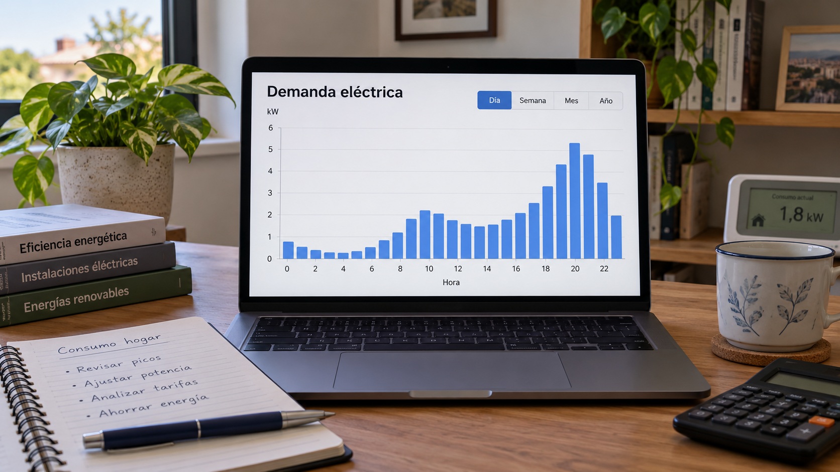 Pantalla de área de cliente de distribuidora con curva de demanda horaria y máximos de potencia separados por periodo, consultada sin manipular el contador