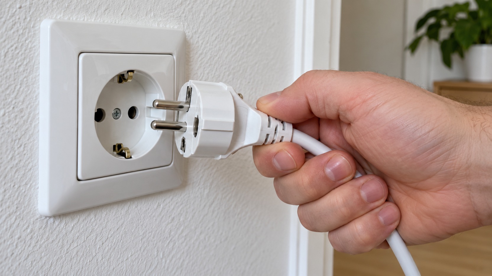 Electrodoméstico apagado y desenchufado desde una toma seca, sujetando el cuerpo del enchufe sin tirar del cable