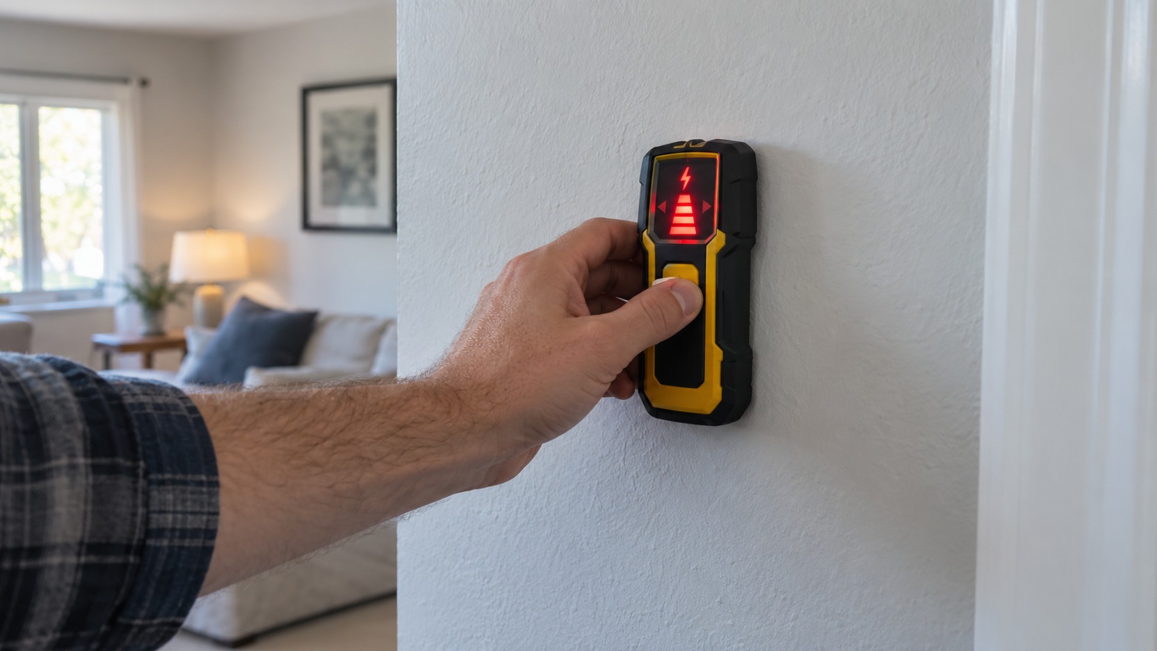 Detector de pared mostrando una señal continua y una broca apartada para evitar perforar una zona incierta