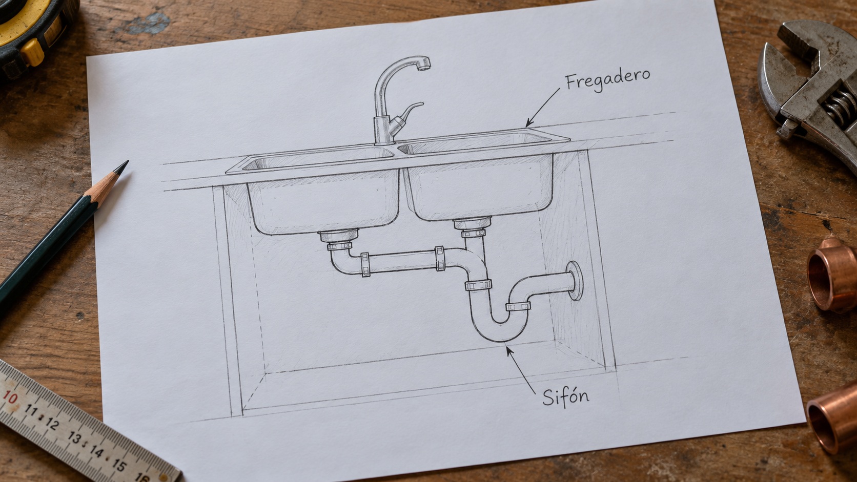 Esquema del recorrido del agua desde el tapón del fregadero por el sifón hasta el tubo de pared para localizar el posible tramo afectado