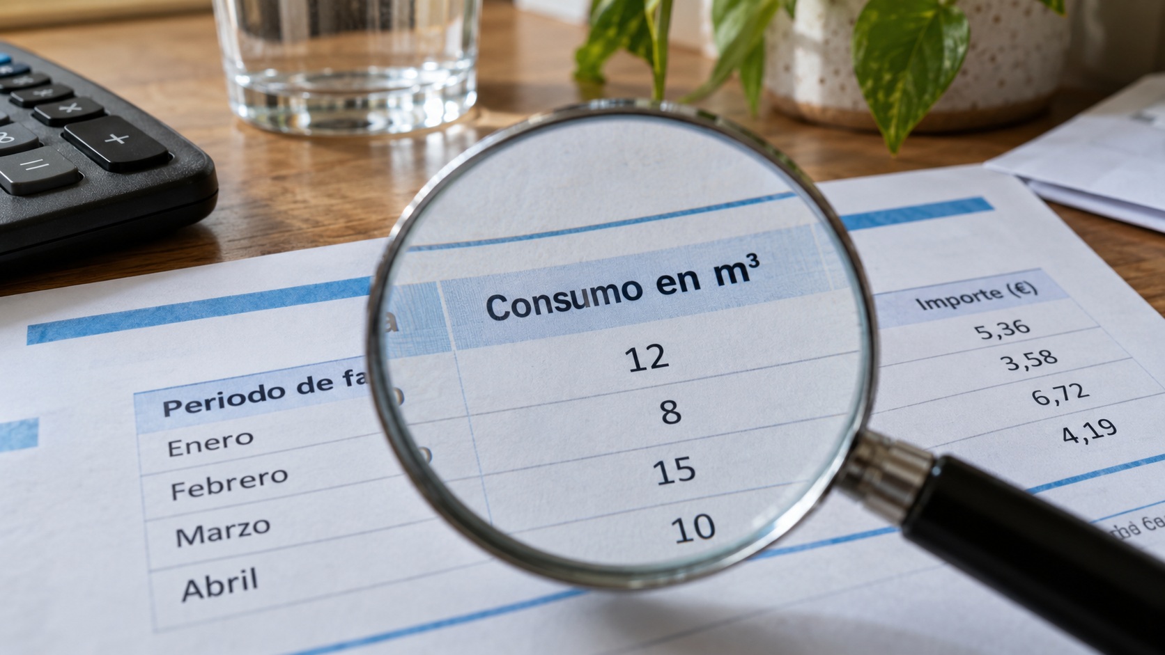 Factura de suministro de agua comparada con la lectura actual del contador y las fechas del periodo facturado