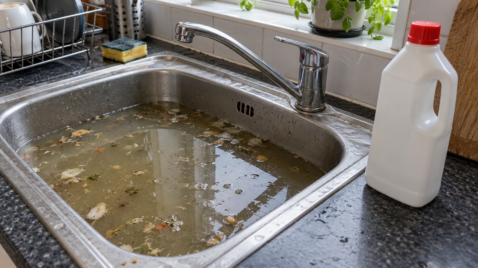 Fregadero con agua estancada y el envase de desatascador apartado para identificar el producto antes de manipular el desagüe