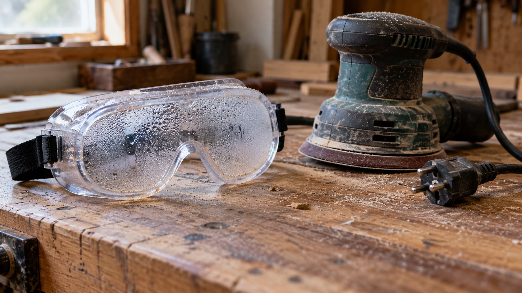Persona con gafas de seguridad empañadas que ha parado la lijadora antes de retirar la protección y limpiar las lentes