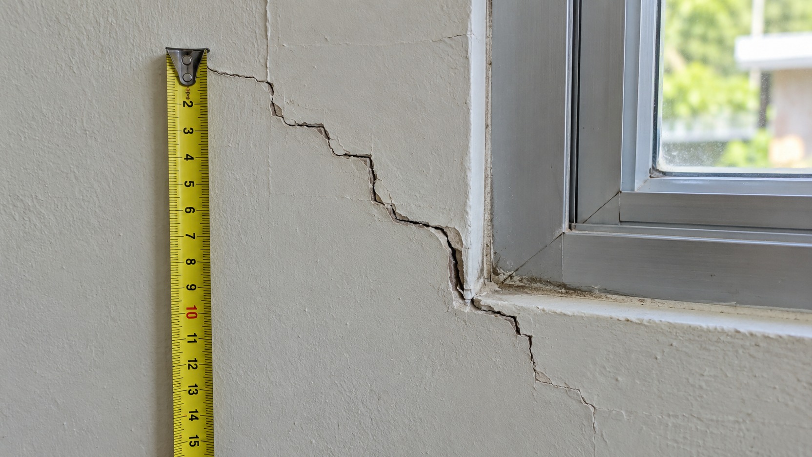 Grieta diagonal en pared cerca de una ventana con una cinta métrica al lado para registrar su aspecto sin tocarla