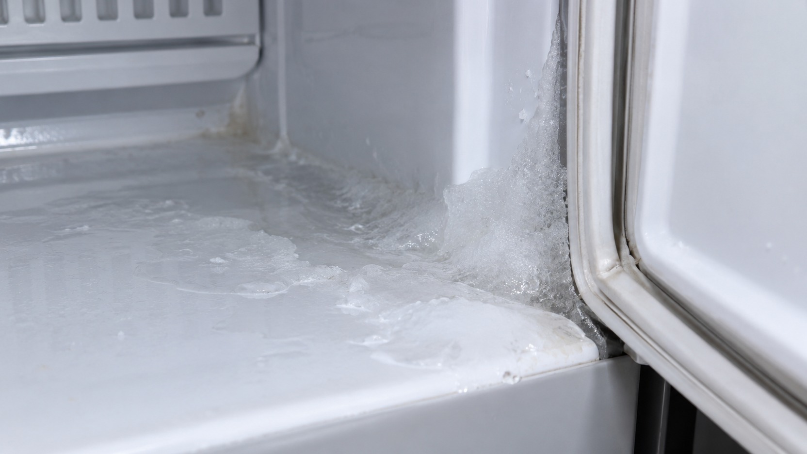 Hielo localizado junto a la junta de puerta de un congelador y una acumulación separada en el suelo cerca del drenaje