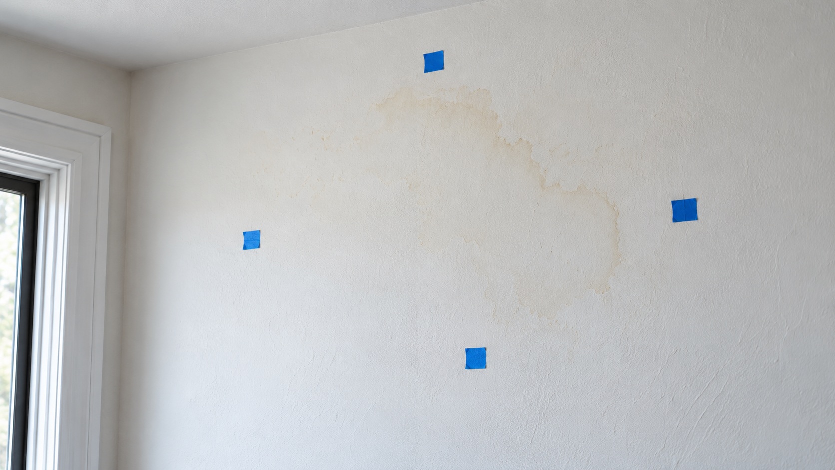 Croquis sencillo de una pared con puntos de medición repetidos alrededor del borde de una mancha de humedad