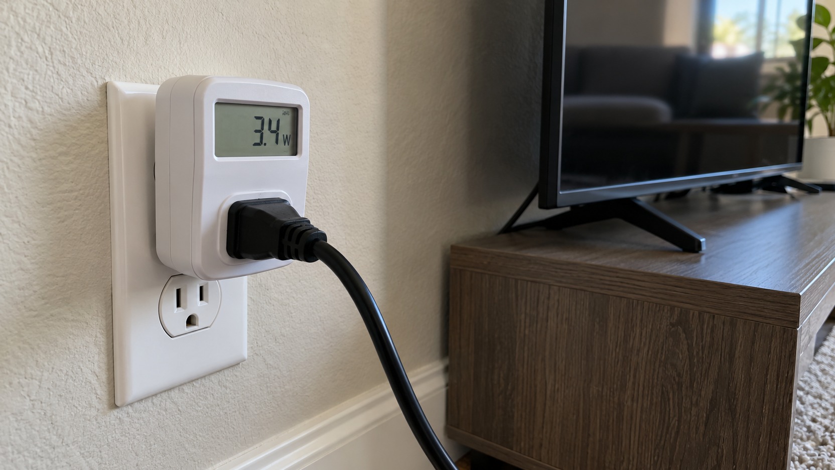 Medidor de consumo enchufable conectado a un televisor doméstico en modo de espera, colocado en una toma accesible y seca para registrar vatios y kilovatios hora