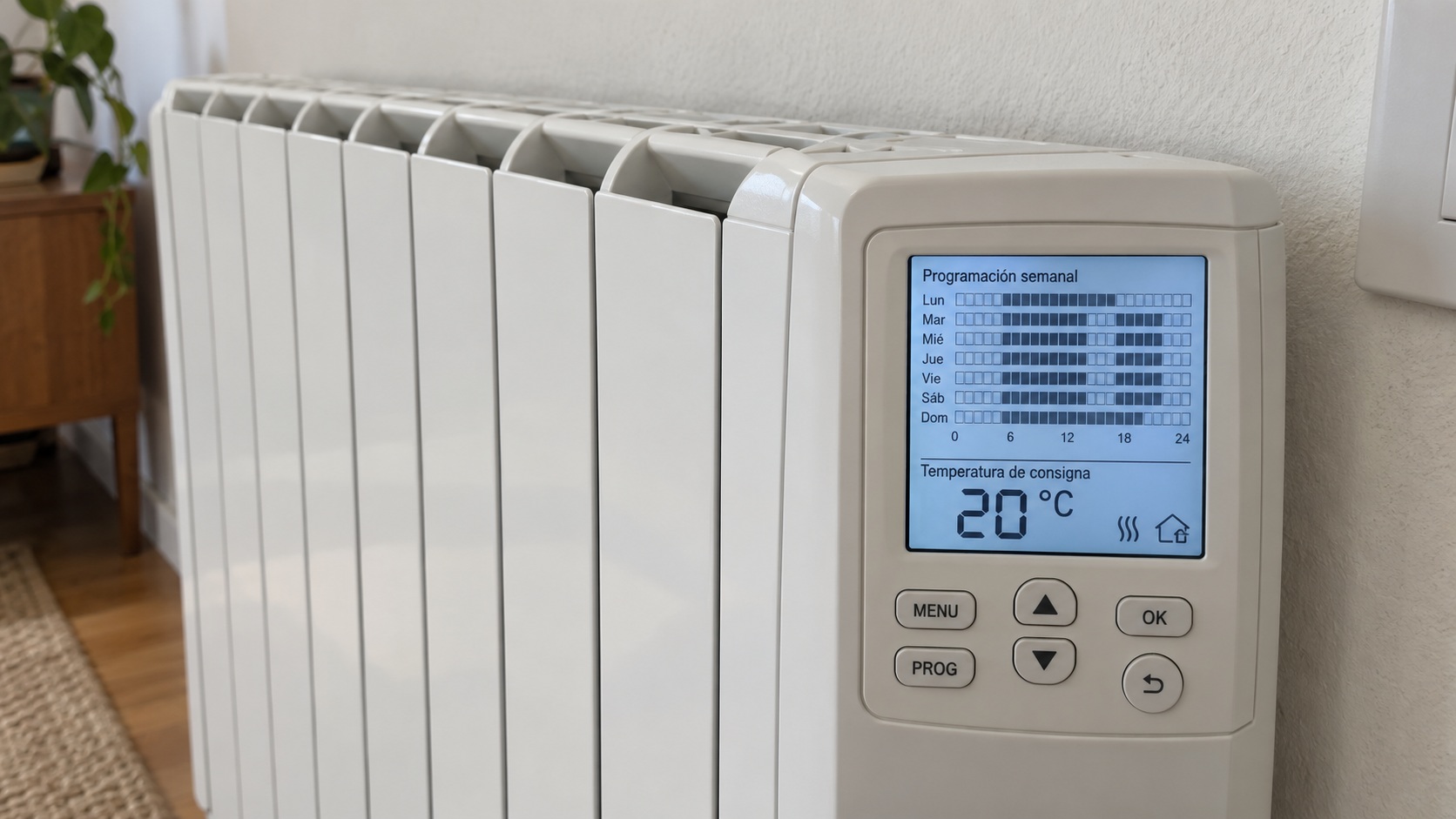 Panel de control de un radiador eléctrico mostrando el modo automático y una programación semanal, con el manual del fabricante al lado para comprobar la función correcta