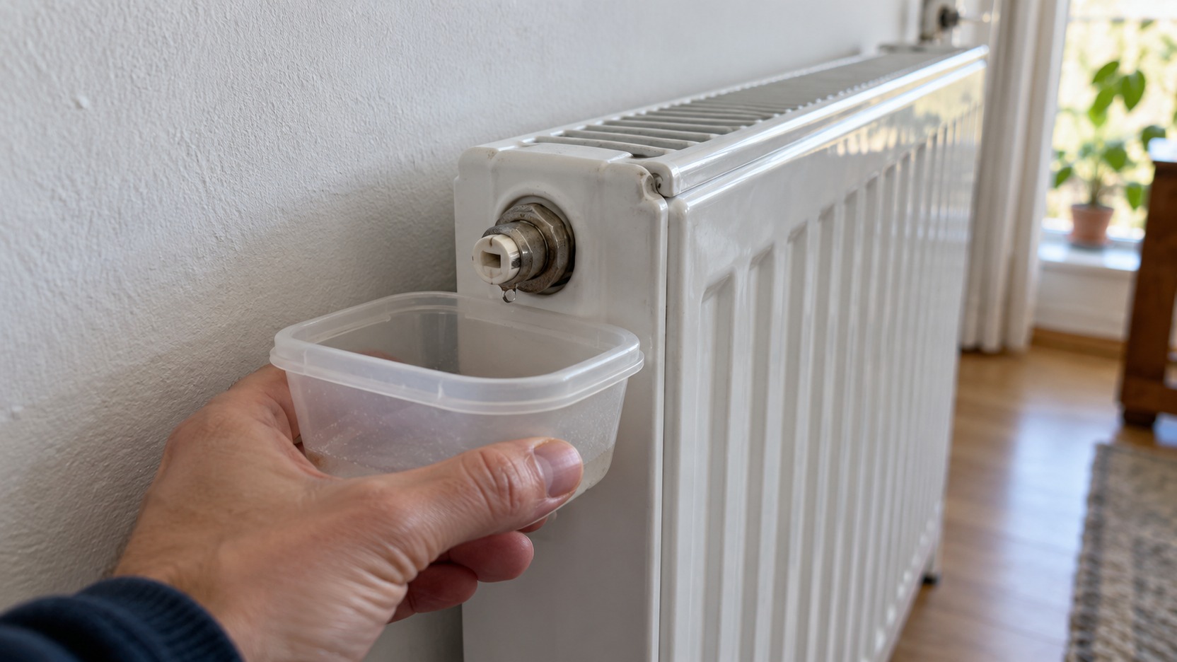 Purgador de radiador con recipiente colocado debajo para recoger agua, sin desmontar la válvula
