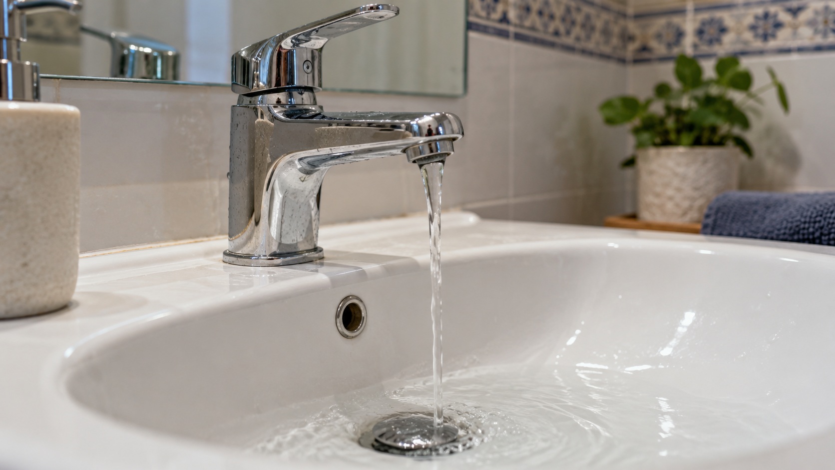 Grifo de agua fría abierto lentamente sobre un fregadero limpio para purgar una línea sin salpicar ni movilizar agua caliente