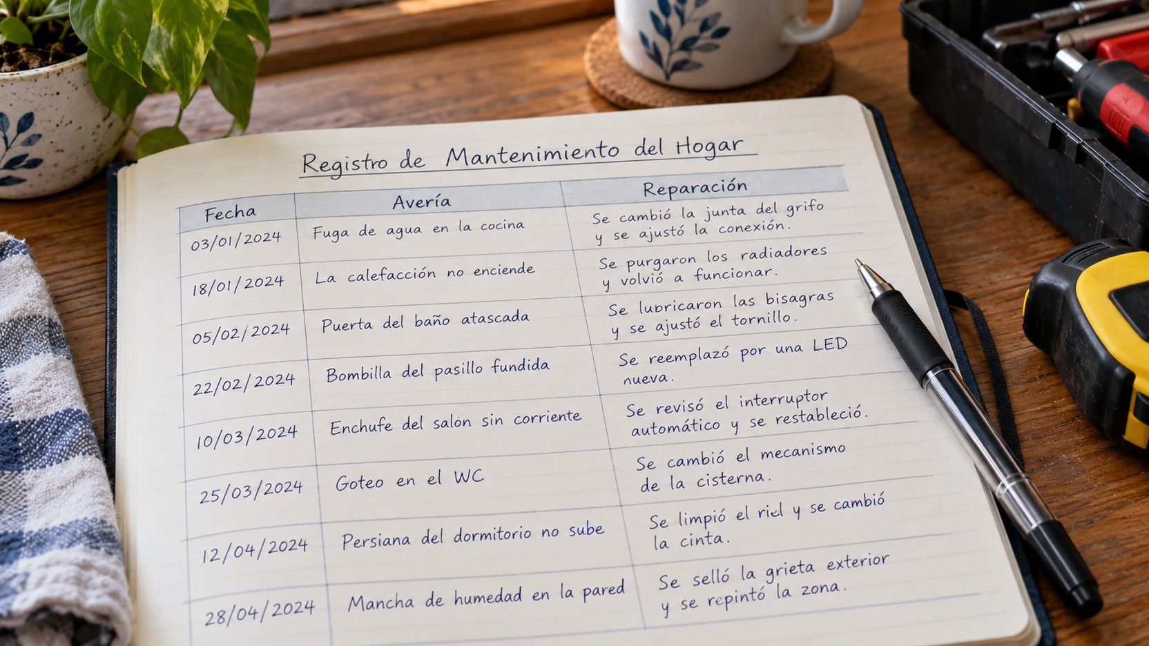 Registro de mantenimiento doméstico con fechas de una avería recurrente, síntomas observados y reparación anterior