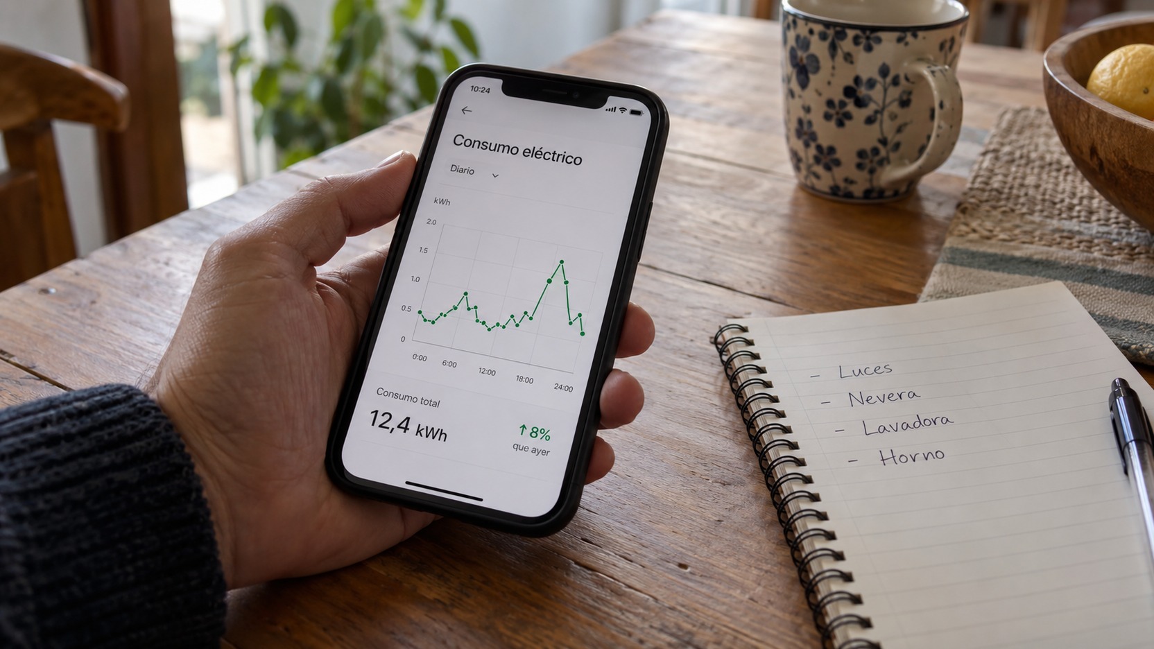 Persona revisando en el móvil el gráfico diario de consumo eléctrico de su vivienda junto a una libreta con horarios de calefacción y electrodomésticos