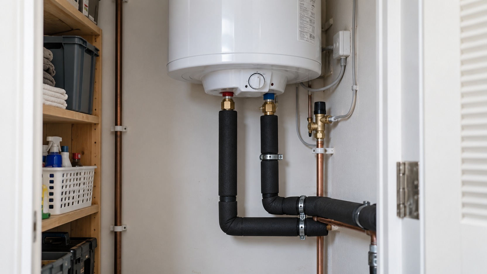 Termo eléctrico doméstico instalado en un armario ventilado con tuberías de agua caliente visibles y aislamiento exterior en buen estado