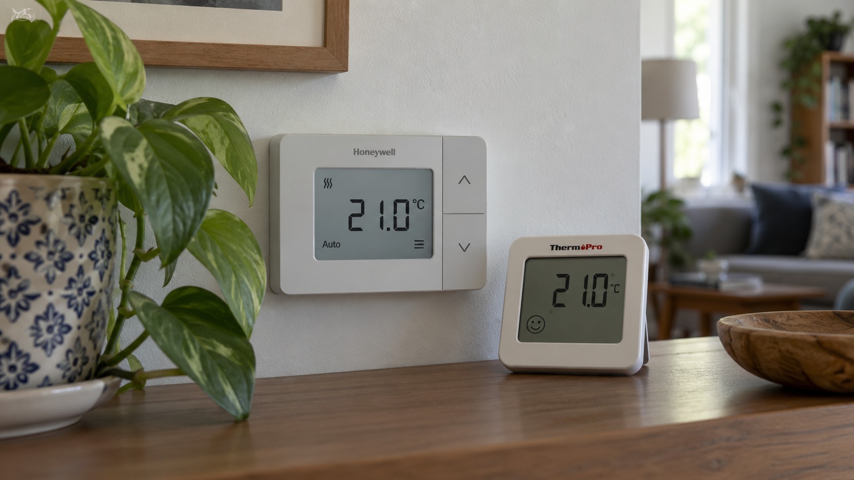 Termostato de pared y termómetro doméstico colocados juntos en una zona interior sin sol directo para comparar lecturas