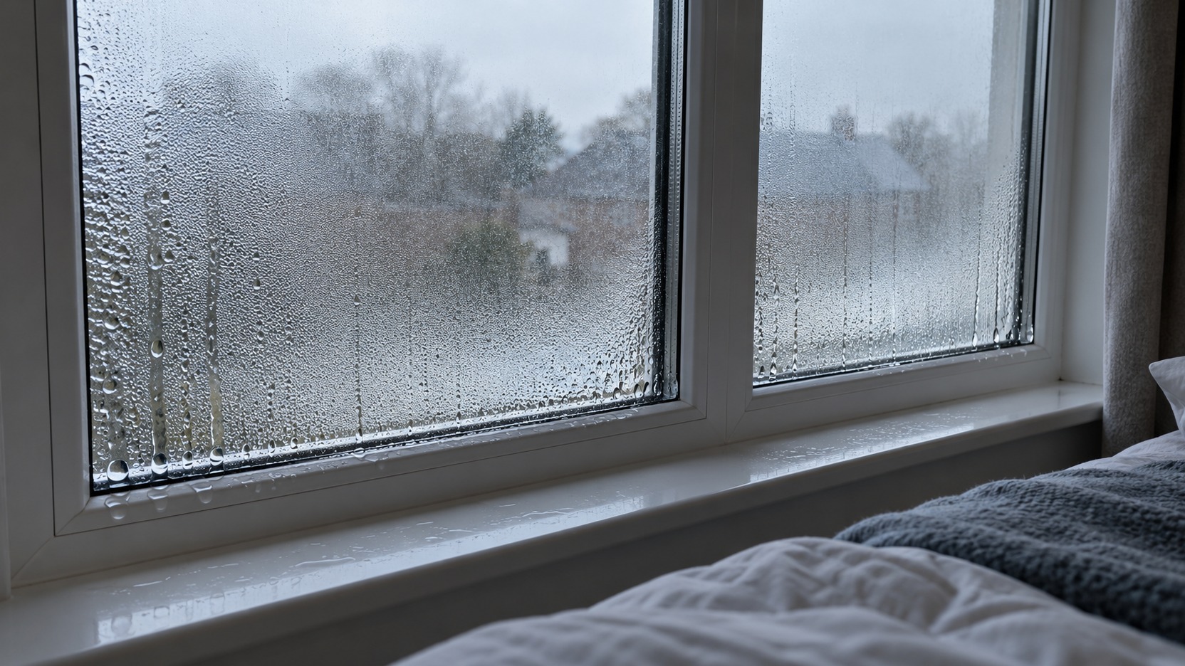 Ventana de una habitación con gotas en la cara interior del vidrio observadas antes de secarlas para identificar dónde se forma el vaho