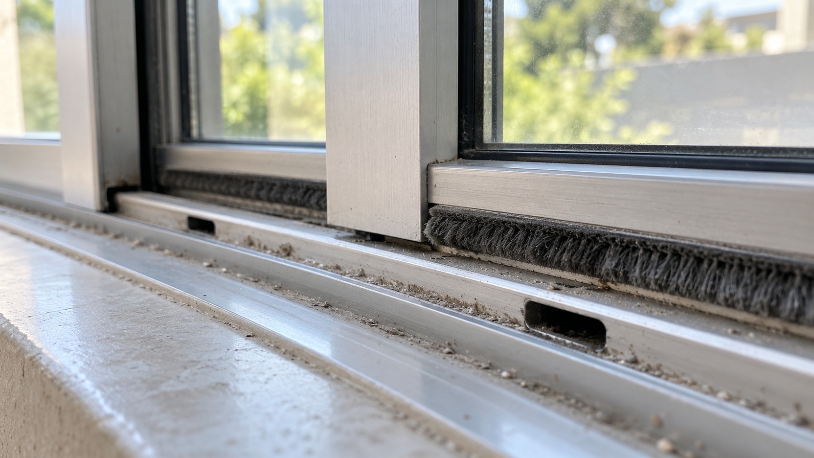 Detalle del felpudo lateral y el carril inferior de una ventana corredera antes de comprobar suciedad, desgaste y drenajes