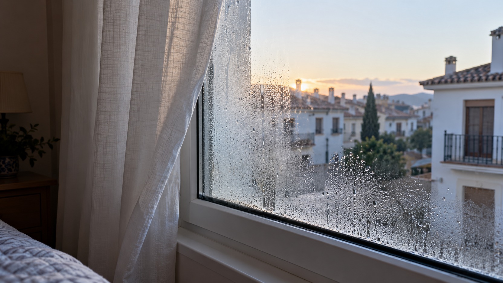 Ventana de una sola habitación con cortina separada del vidrio y luz fría de mañana para comparar exposición y circulación de aire